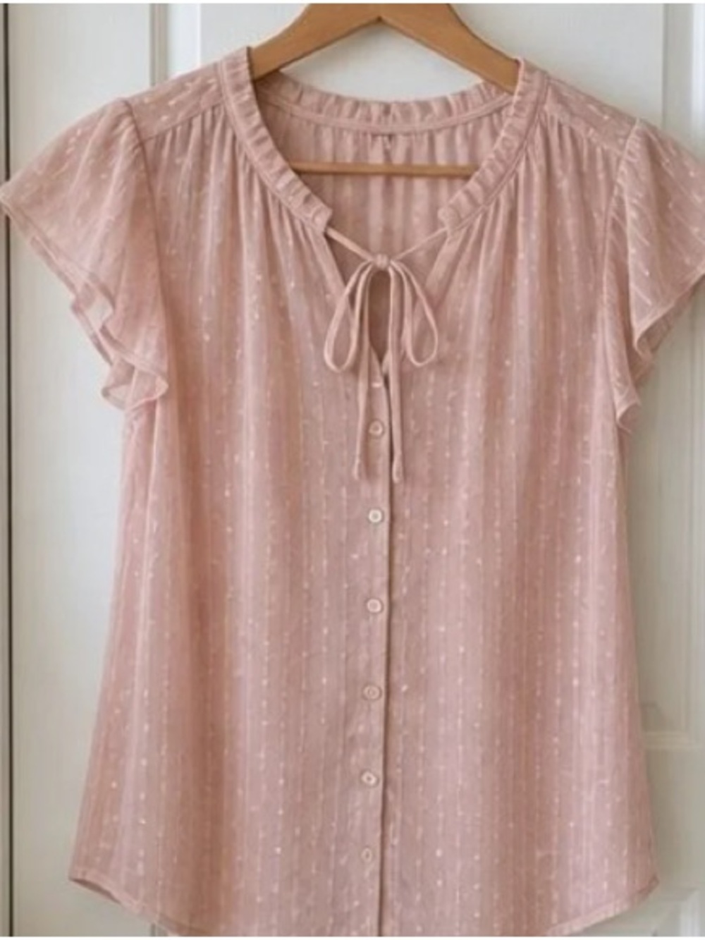 Light Pink Button-Front Tie Neck Women's Top
